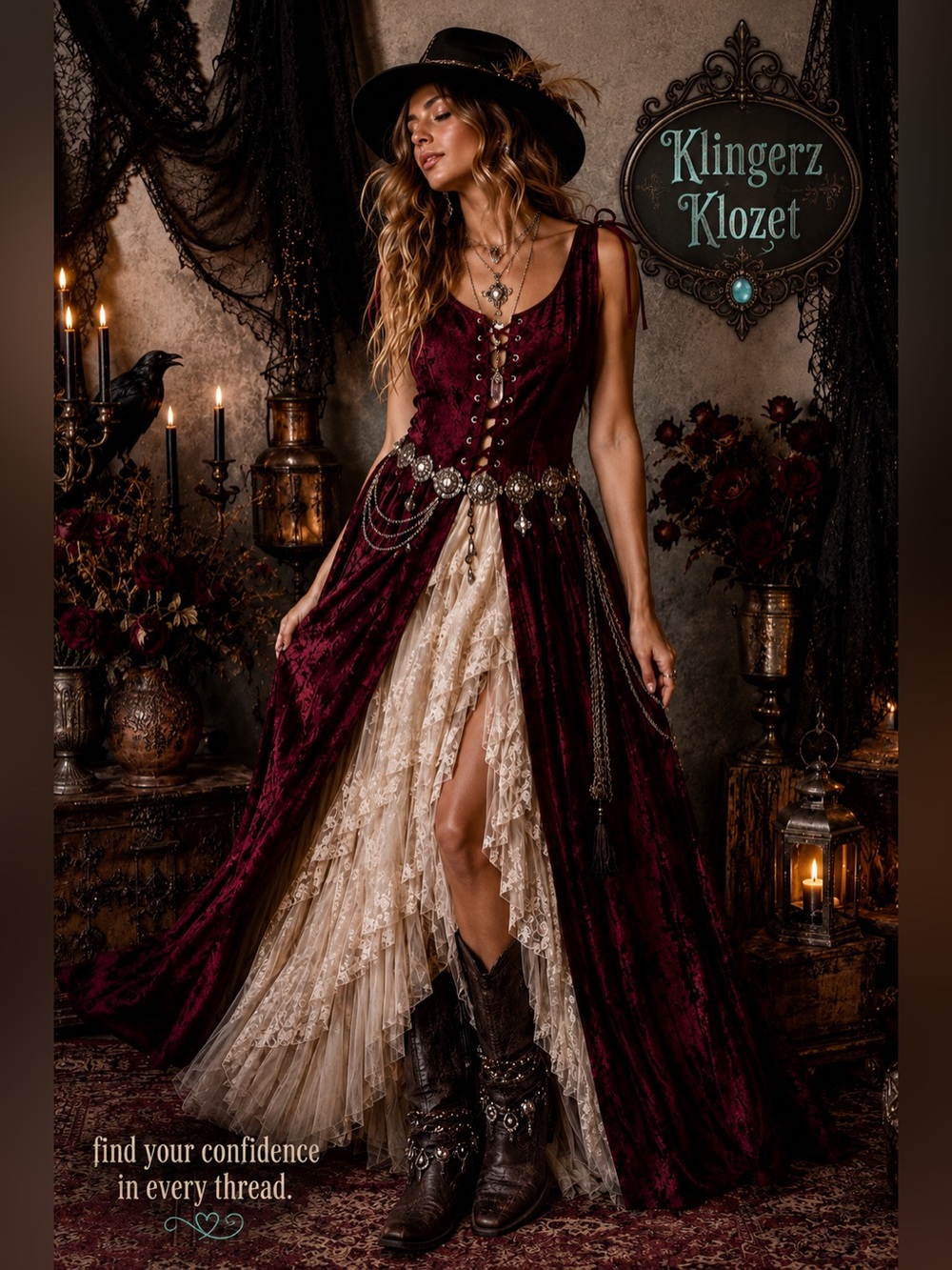 Burgundy Jacquard Lace-Up Maxi Dress Suede Ties Boho Renaissance